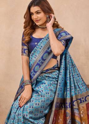 Turquoise silk blend banarasi saree with unstitched blouse piece 6