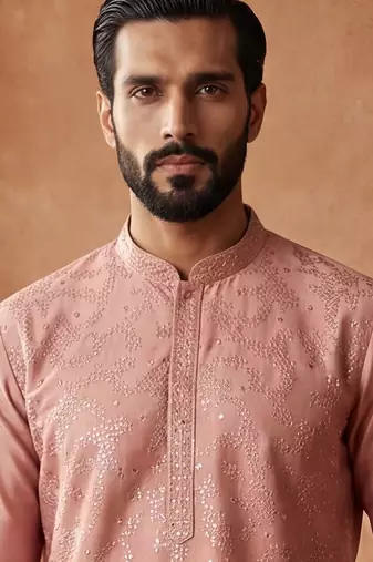 Mens silk blend peach solid embroidered kurta