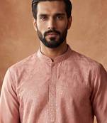 Mens silk blend peach solid embroidered kurta