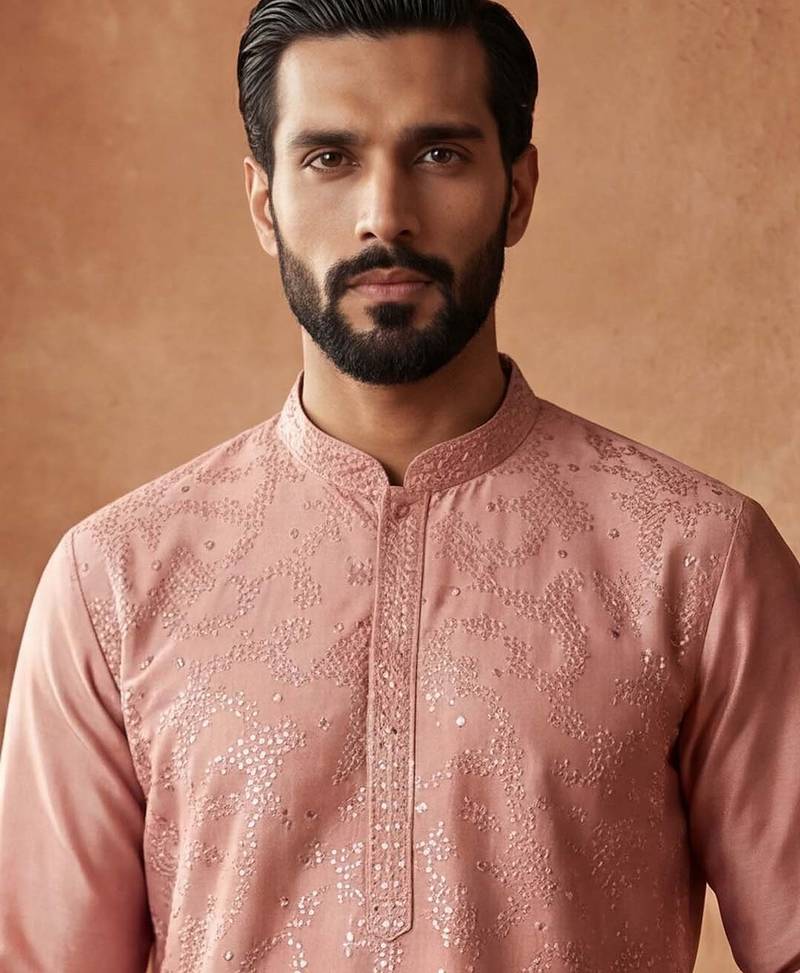 Mens silk blend peach solid embroidered kurta