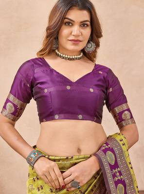 Neon wine silk blend banarasi saree with unstitched blouse piece 7