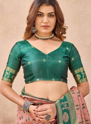 Peach green silk blend banarasi saree with unstitched blouse piece 7
