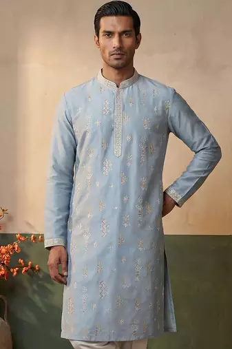 Mens silk blend blue solid embroidered kurta