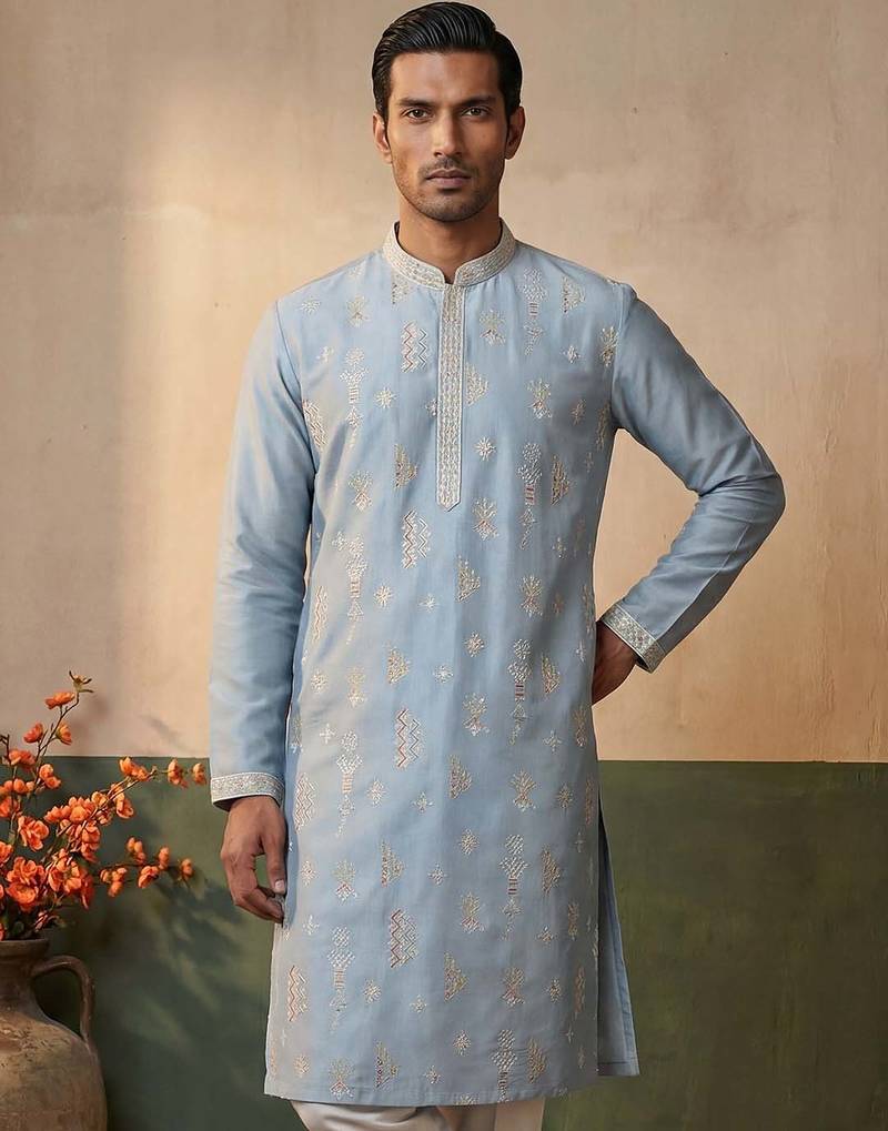 Mens silk blend blue solid embroidered kurta