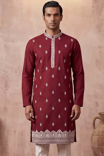 Mens silk blend maroon solid embroidered kurta