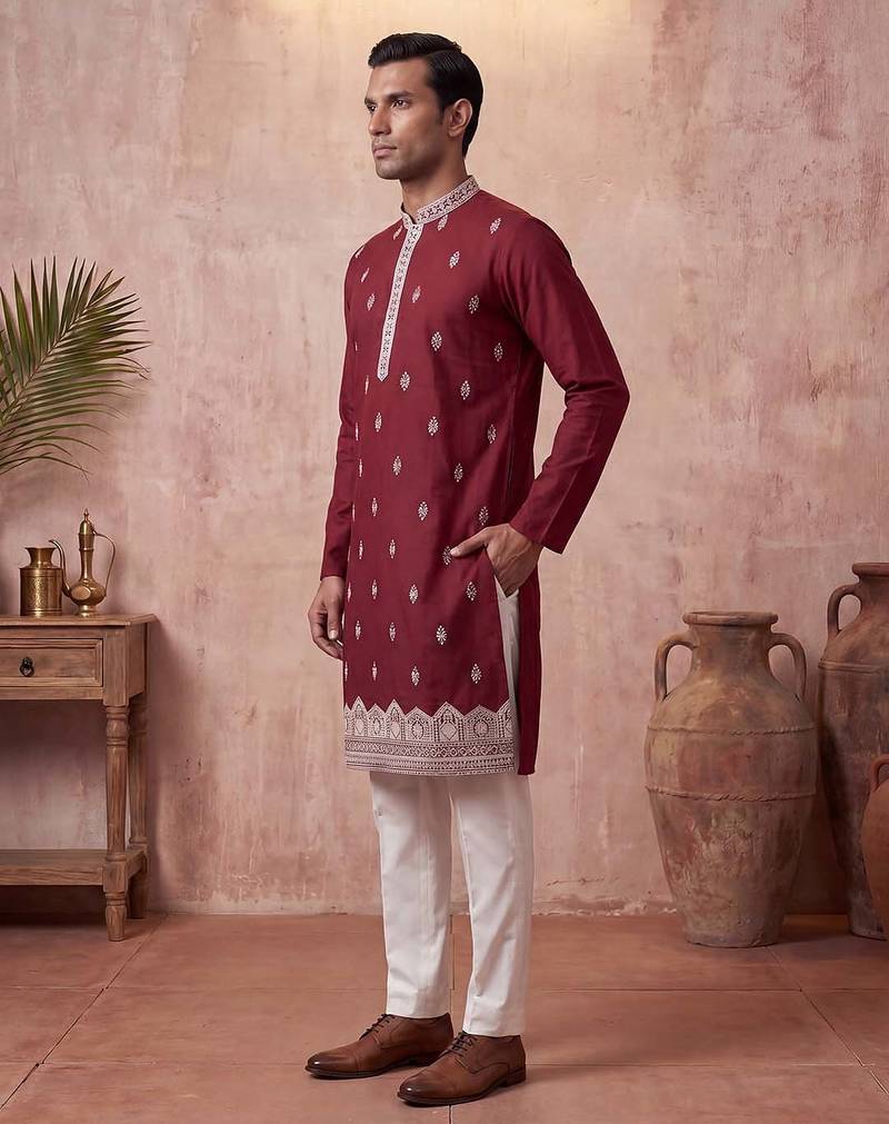 Mens silk blend maroon solid embroidered kurta