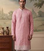 Mens silk blend pink solid embroidered kurta