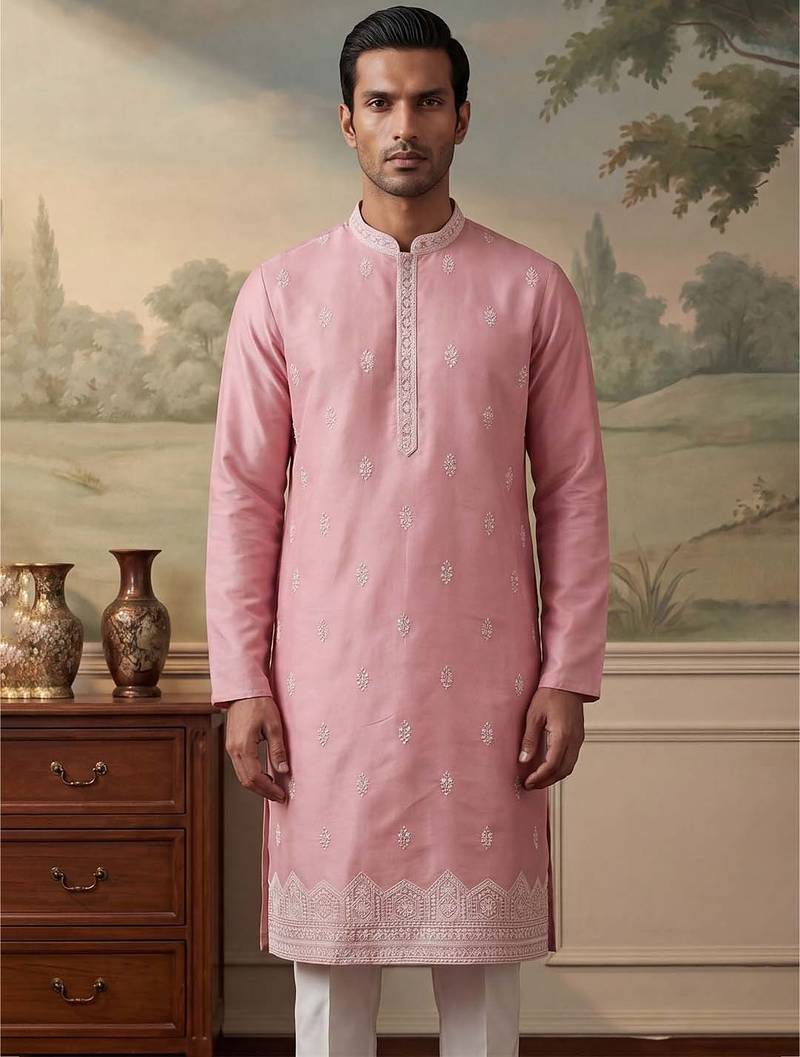 Mens silk blend pink solid embroidered kurta