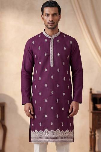 Mens silk blend purple solid embroidered kurta