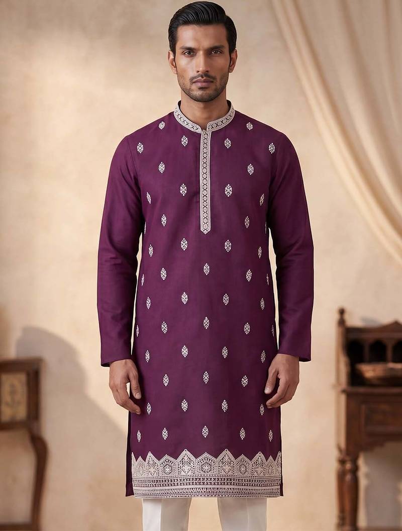 Mens silk blend purple solid embroidered kurta