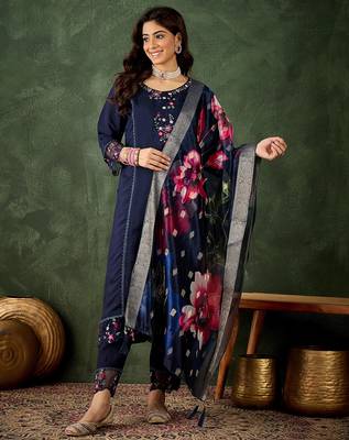 Floral embroidered silk blend round neck kurta trouser & dupatta set 1