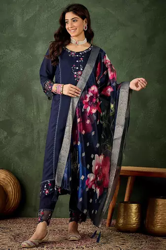 Floral embroidered silk round neck kurta trouser & dupatta set