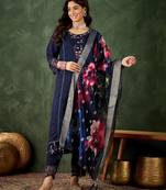 Floral embroidered silk round neck kurta trouser & dupatta set