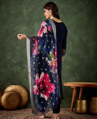 Floral embroidered silk blend round neck kurta trouser & dupatta set 2