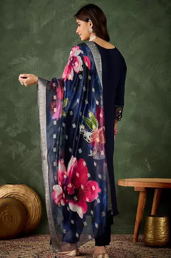 Floral embroidered silk blend round neck kurta trouser & dupatta set