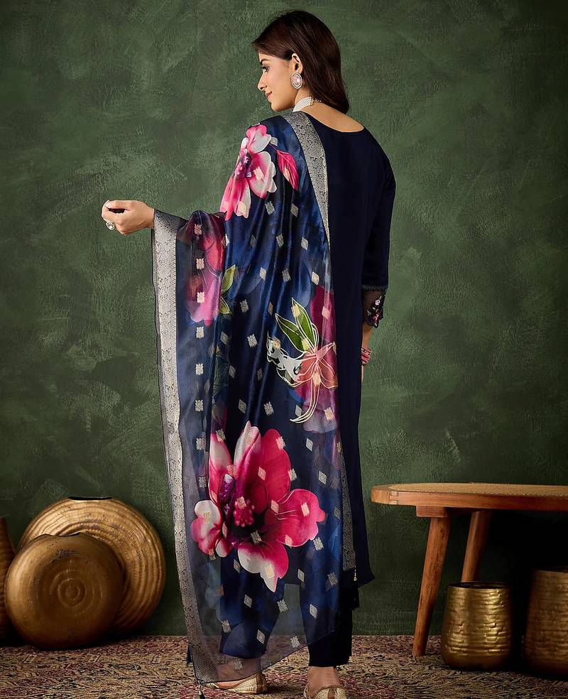 Floral embroidered silk round neck kurta trouser & dupatta set