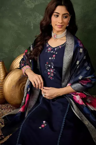 Floral embroidered silk blend round neck kurta trouser & dupatta set