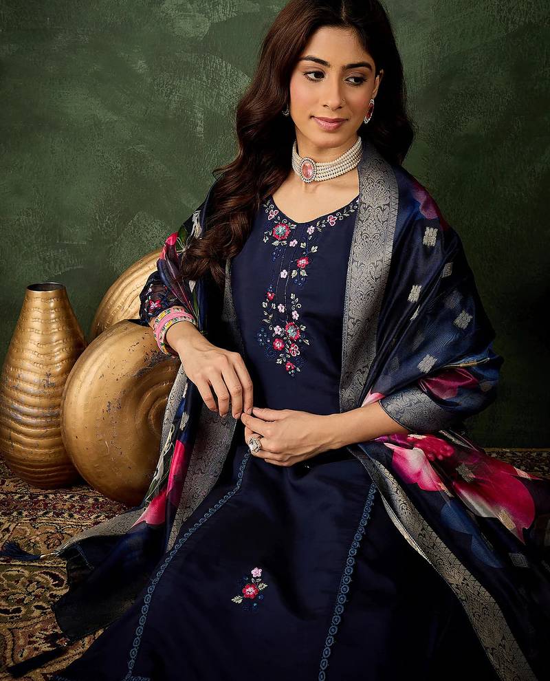 Floral embroidered silk round neck kurta trouser & dupatta set