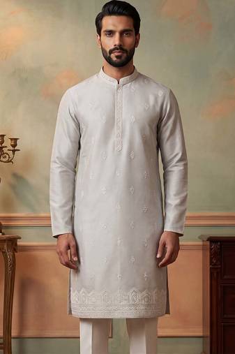 Mens silk blend silver solid embroidered kurta