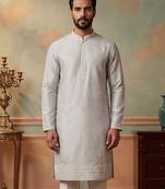 Mens silk blend silver solid embroidered kurta