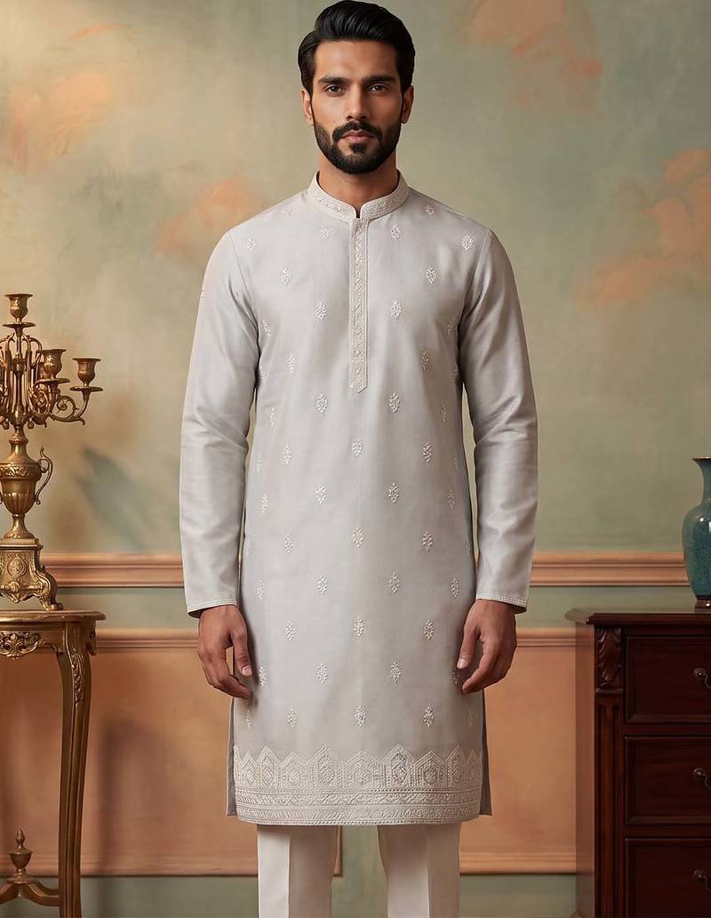 Mens silk blend silver solid embroidered kurta