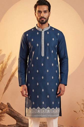 Mens silk blend blue solid embroidered kurta