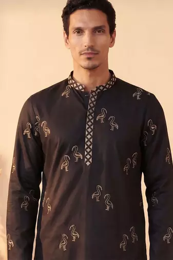 Mens black silk blend solid embroidered kurta