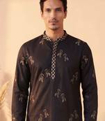 Mens black silk blend solid embroidered kurta