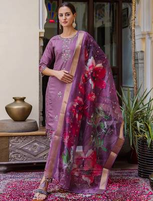 Floral embroidered silk blend round neck kurta trouser & dupatta set 1