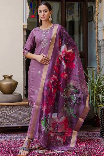 Floral embroidered silk round neck kurta trouser & dupatta set