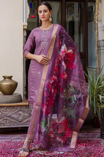 Floral embroidered silk round neck kurta trouser & dupatta set