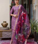 Floral embroidered silk round neck kurta trouser & dupatta set