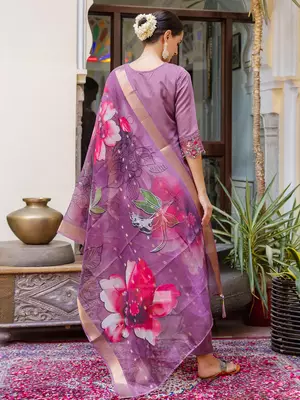 Floral embroidered silk blend round neck kurta trouser & dupatta set 2