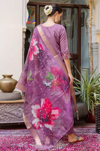 Floral embroidered silk blend round neck kurta trouser & dupatta set