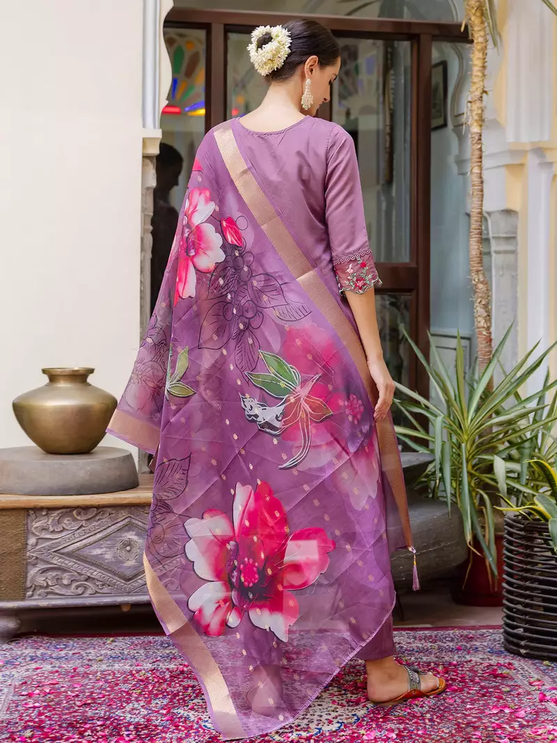 Floral embroidered silk round neck kurta trouser & dupatta set
