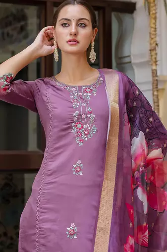 Floral embroidered silk blend round neck kurta trouser & dupatta set