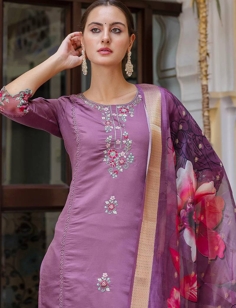 Floral embroidered silk round neck kurta trouser & dupatta set