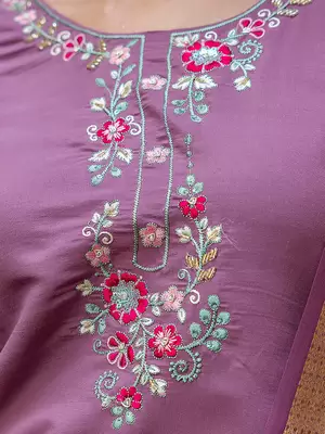 Floral embroidered silk blend round neck kurta trouser & dupatta set 4
