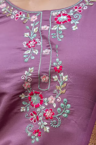 Floral embroidered silk blend round neck kurta trouser & dupatta set