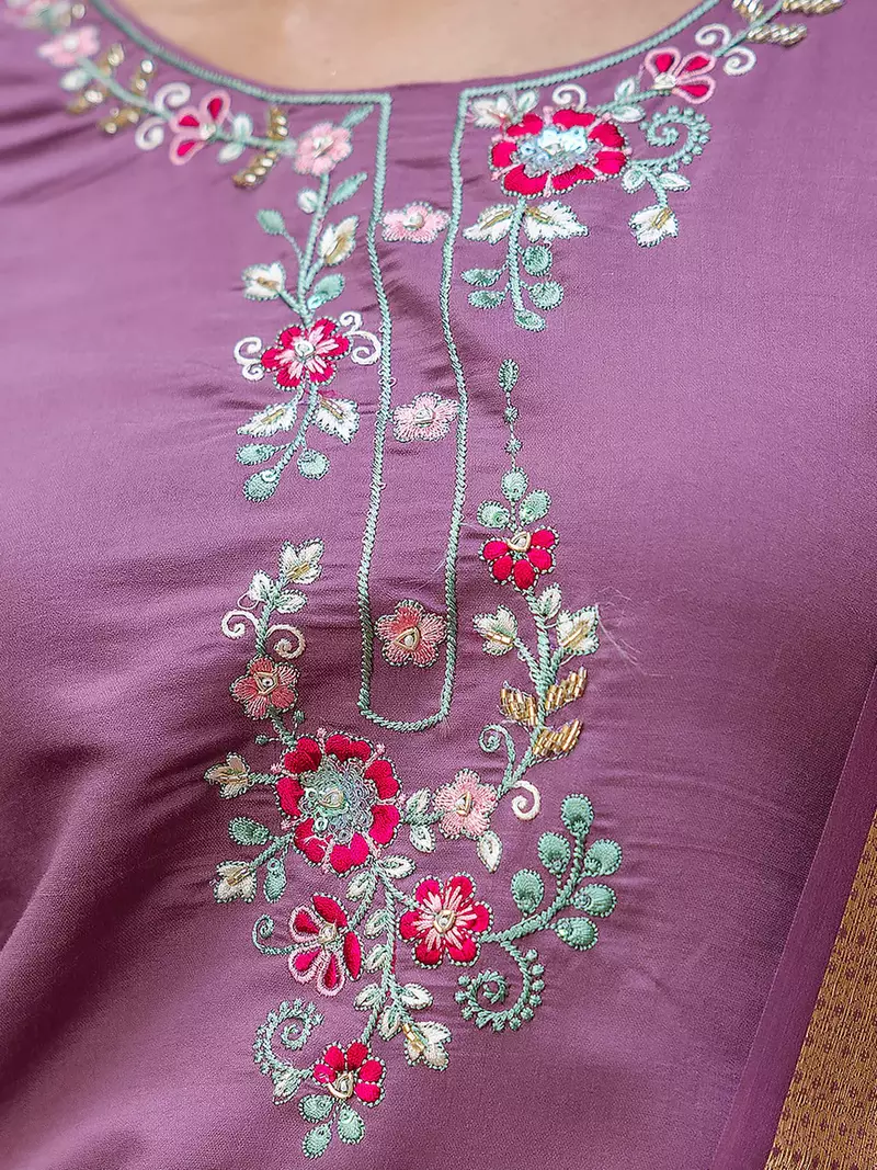 Floral embroidered silk round neck kurta trouser & dupatta set