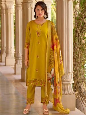 Floral embroidered silk blend round neck kurta trouser & dupatta set 1