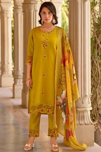 Floral embroidered silk round neck kurta trouser & dupatta set