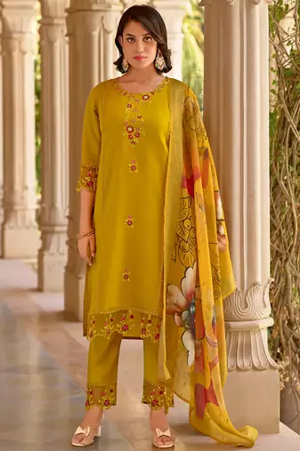 Floral embroidered silk round neck kurta trouser & dupatta set
