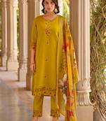Floral embroidered silk round neck kurta trouser & dupatta set