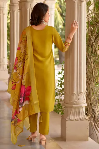 Floral embroidered silk blend round neck kurta trouser & dupatta set