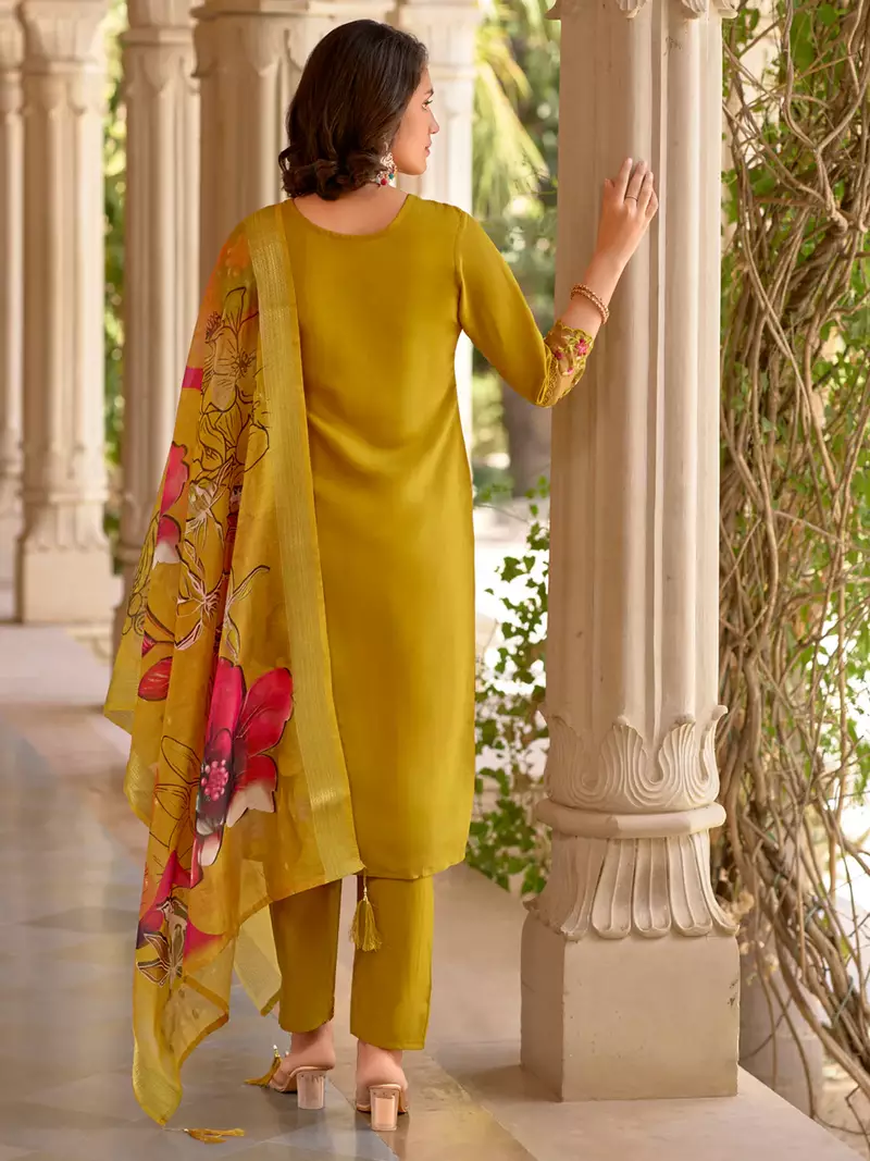 Floral embroidered silk round neck kurta trouser & dupatta set
