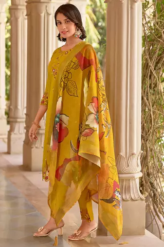 Floral embroidered silk blend round neck kurta trouser & dupatta set