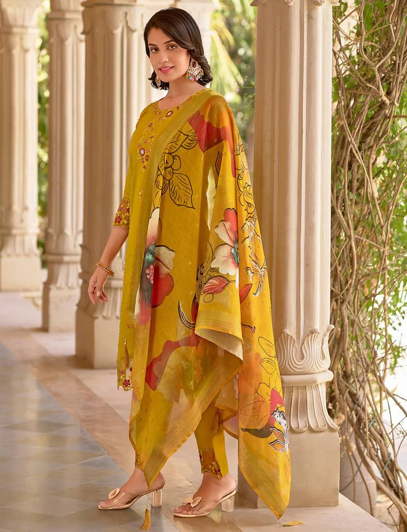 Floral embroidered silk round neck kurta trouser & dupatta set