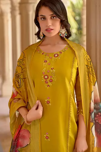 Floral embroidered silk blend round neck kurta trouser & dupatta set