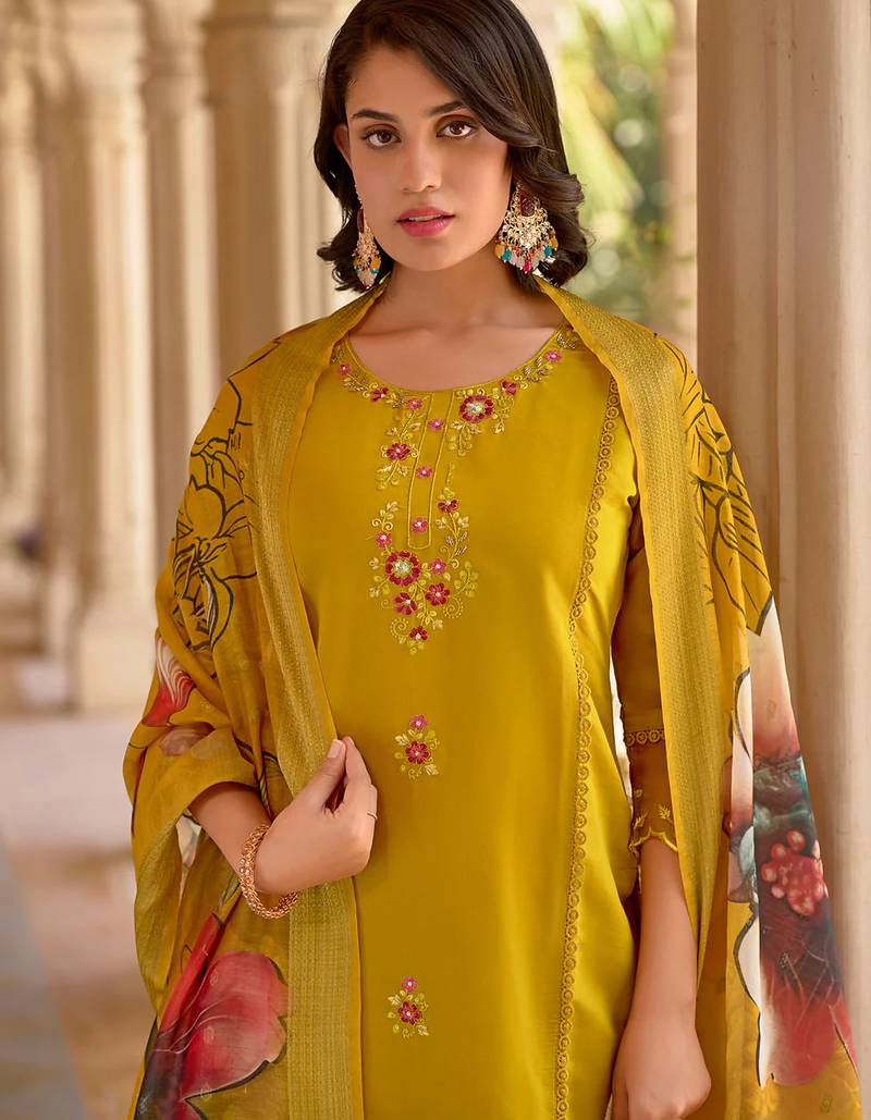 Floral embroidered silk round neck kurta trouser & dupatta set